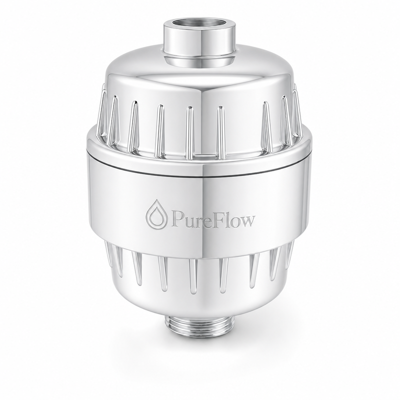 PureFlow microplastic shower filter — bright polished chrome