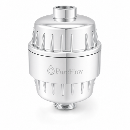PureFlow microplastic shower filter — bright polished chrome